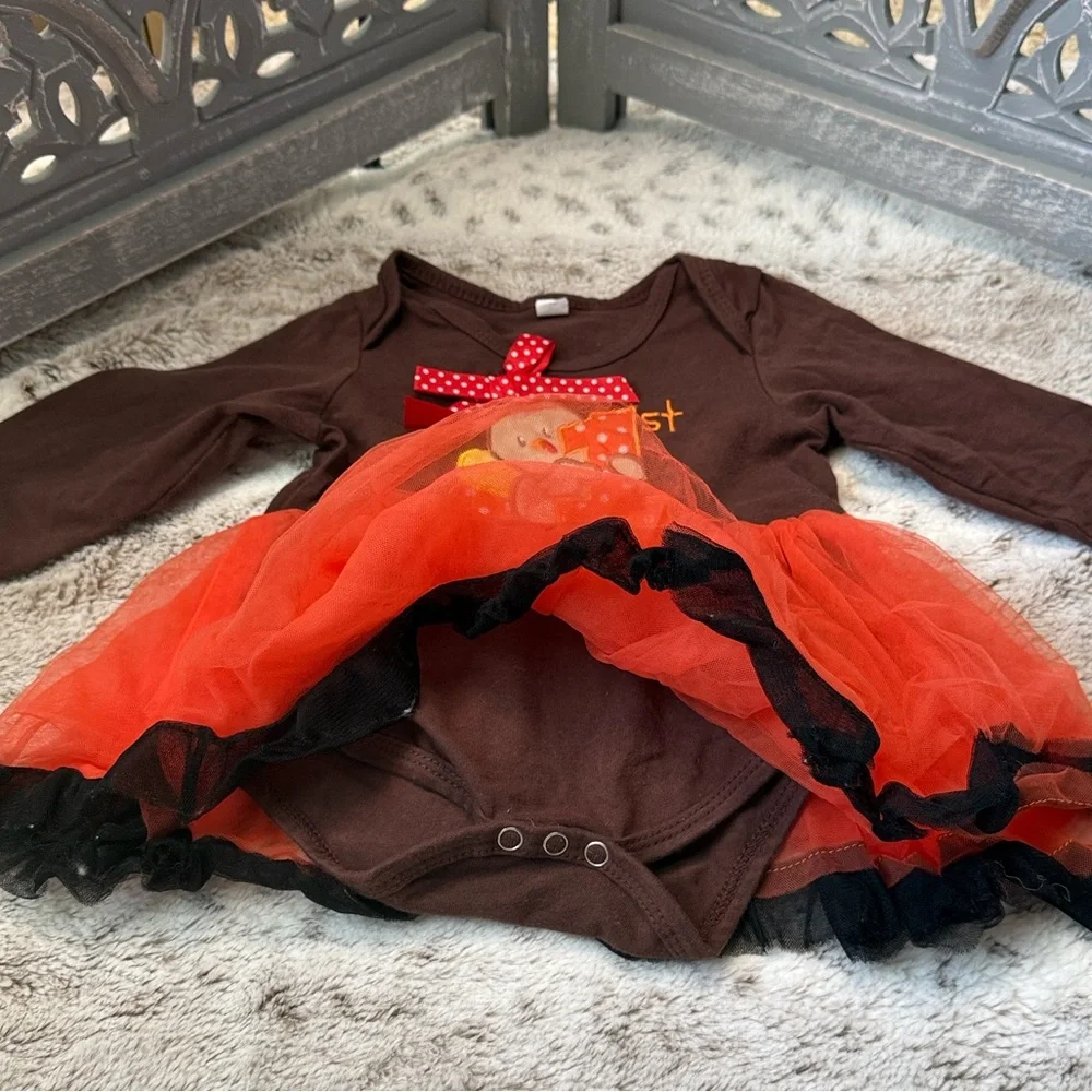 Thanksgiving turkey baby dress girls 24 months brown orange tulle skirt holiday